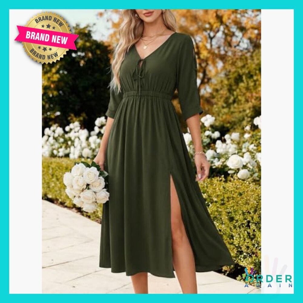 V-Neck Batwing Sleeve Midi Dress Flowy A-Line Casual Elegant Summer Vacation - Picture 3 of 7